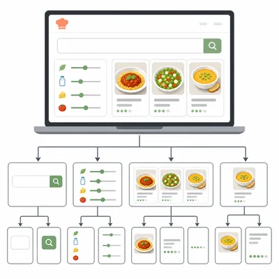 A recipe search page broken into smaller feature parts with icons.