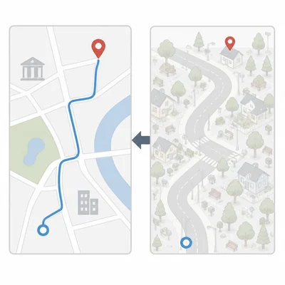 A simplified map contrasted with a cluttered scene full of extra details.