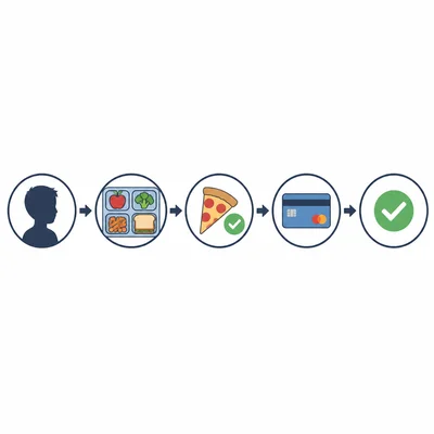 A lunch ordering system shown as a sequence of five connected icons.