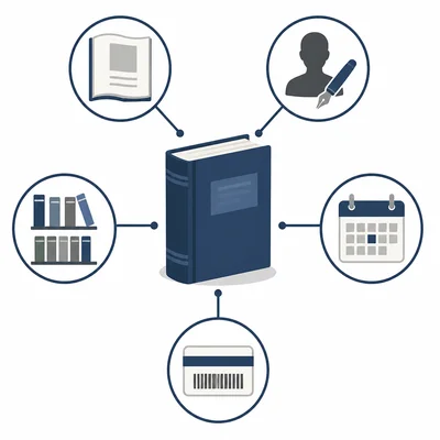 A library book surrounded by icons for catalog information.