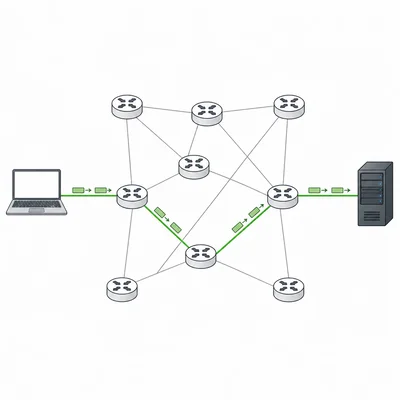 Packet traveling from a computer to a server through several routers along a chosen path.