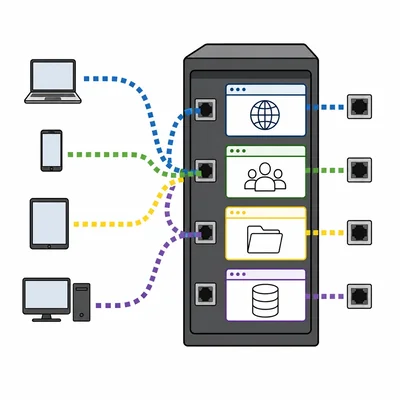 Data streams enter different sockets on one server to represent port-based delivery to applications.