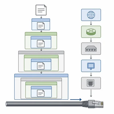 A message is wrapped in nested packet layers before being sent onto a network cable.