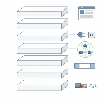 Unlabeled seven-layer network stack with icons for cable signal, frame, network routing, ports, and application.