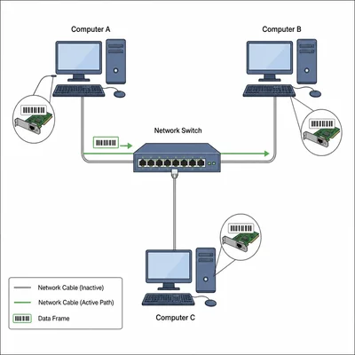 Local network switch forwarding a frame between computers using hardware address tags.