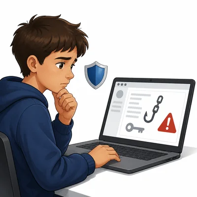 A student notices a suspicious email with a link, password key, warning symbol, and shield.