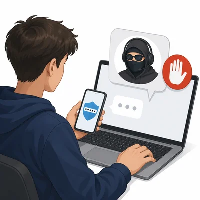 A student protects a login code from a suspicious online tech support stranger.