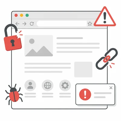 A website screen shows warning signs such as a broken lock, warning symbol, suspicious link, and bug icon.