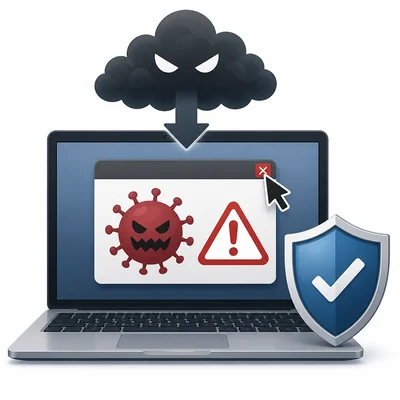 A laptop shows a dangerous pop-up with a virus icon and unknown download, with a shield nearby.
