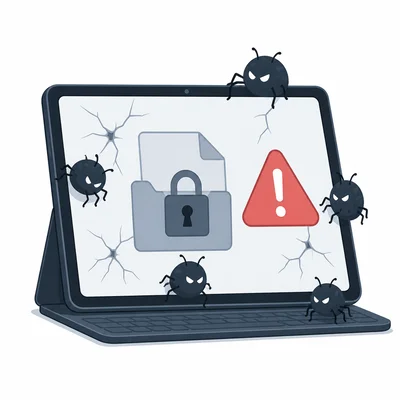 Malware bugs attack a device, causing a cracked screen and locked file icon.