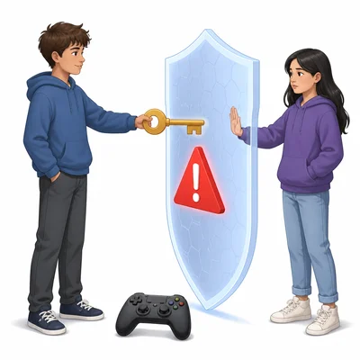 One student considers giving a password key to another student, with a warning and shield between them.