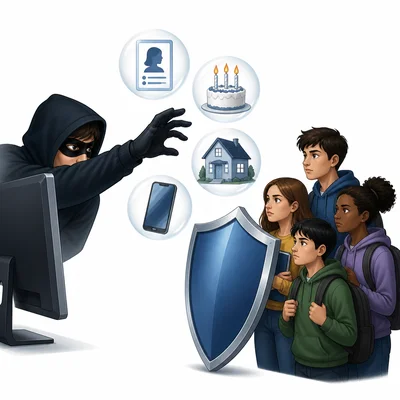 A suspicious person tries to collect personal information icons while students stay behind a shield.