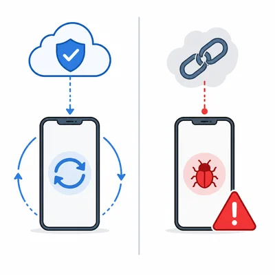 A safe app update with a shield is contrasted with an unknown link carrying a bug warning.