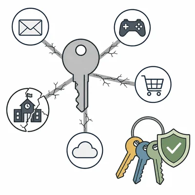 One reused key is connected to several accounts, while separate keys with a shield show safer password habits.