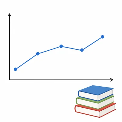 A mostly increasing line chart with a small dip and a stack of books.