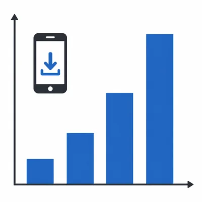 Four bars double in height next to a smartphone download icon.