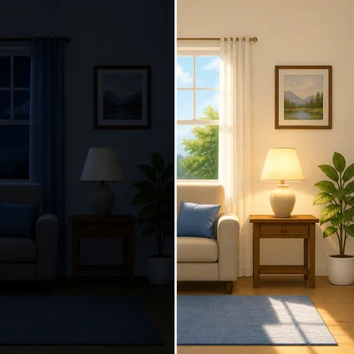 A dark room has the lamp off while a bright room has the lamp on, showing reversed light logic.