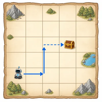 A robot on a grid needs one more rightward step after moving right and up to reach a treasure chest.