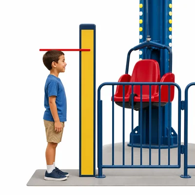 A child stands exactly level with a height marker at a ride entrance.