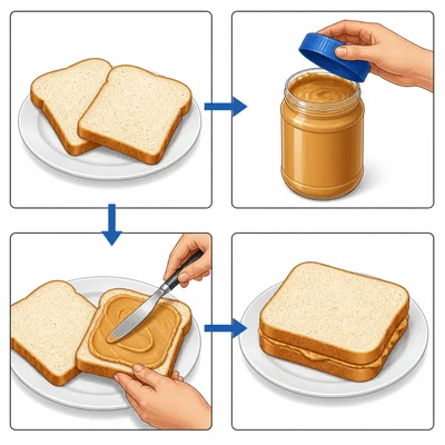A visual sequence shows getting bread, opening a jar, spreading peanut butter, and finishing a sandwich.