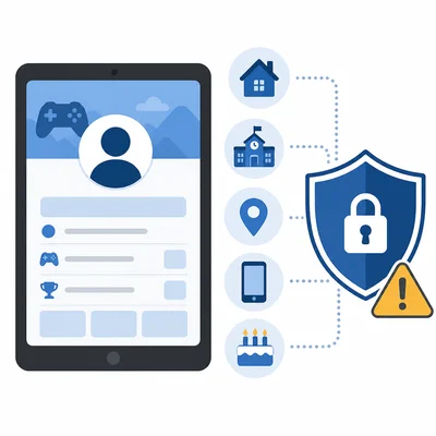 A gaming profile screen with personal information icons protected by a shield.