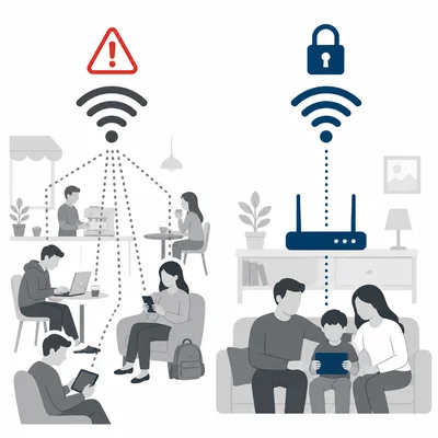 A comparison of public Wi-Fi with a warning symbol and home Wi-Fi with a lock.