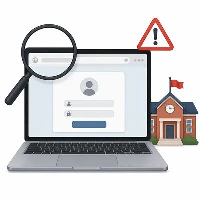 A laptop login page being checked with a magnifying glass and warning symbol.
