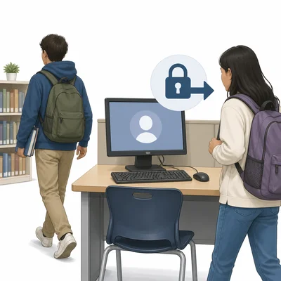 A shared computer left with a user profile open as another person approaches.