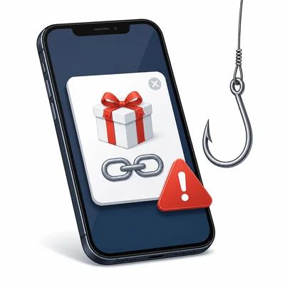 A phone showing a suspicious prize message with a warning symbol and phishing hook.