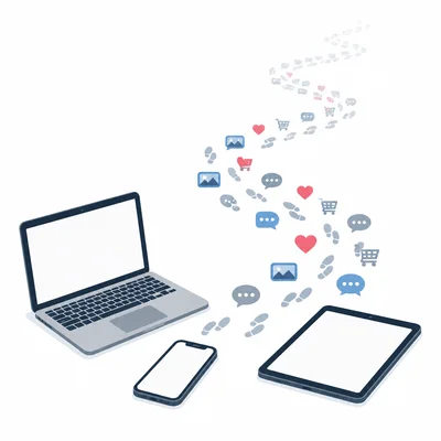 Digital devices leaving a trail of online footprint icons.
