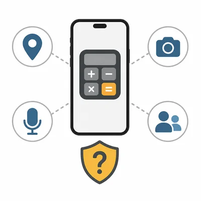 A calculator app surrounded by permission icons for location, camera, microphone, and contacts.