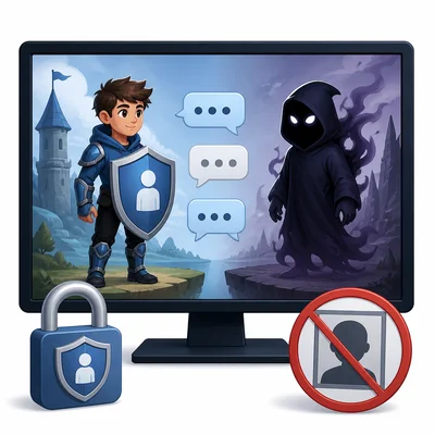A student game avatar protected by a shield while interacting with an unknown avatar online.