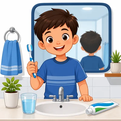 Child at a sink with a toothbrush, toothpaste, and a cup.