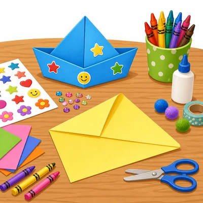 Craft supplies and a folded paper hat on a table.
