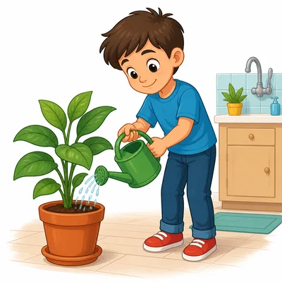 Child watering the soil of a potted plant.