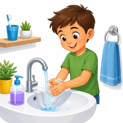 Sink with water, soap, hands, and a towel for handwashing.