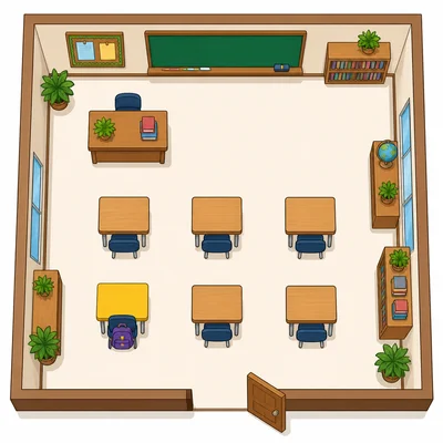 Top-down classroom map with a door and a highlighted student desk.