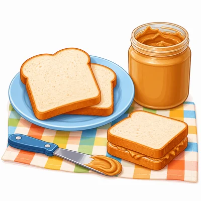 Bread, peanut butter, knife, plate, and sandwich on a table.