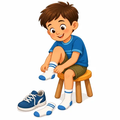 Child with socks and shoes ready to put on.