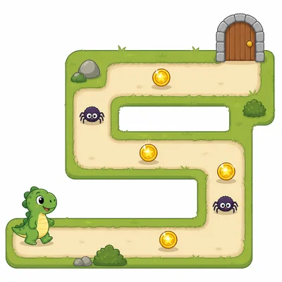 A game character collects coins, avoids spiders, and heads toward a door.