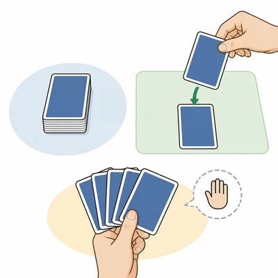 A card game setup showing drawing a card, playing a card, or skipping a turn.