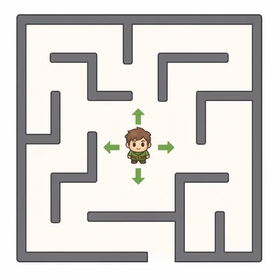 A character in a maze with arrows showing movement directions and walls blocking paths.