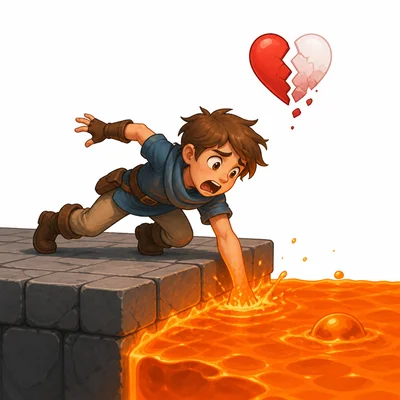 A game character touches lava and a heart icon shows a life being lost.