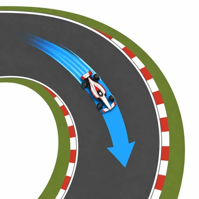 A race car drives over a blue arrow on a track and speeds up.