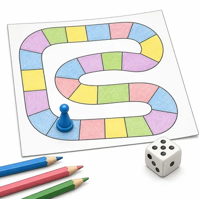 A simple paper board game with a path, token, die, and pencils.