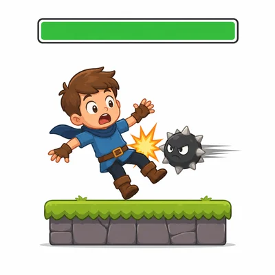 A character takes damage while the health bar stays full.