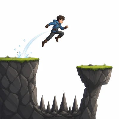 A platform game character jumps over a pit between platforms.