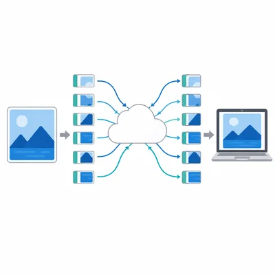 A photo is split into small packets that travel through a network and reassemble on another computer.