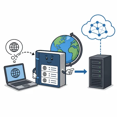 DNS works like a directory that helps a computer find the correct web server.