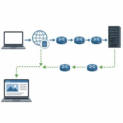 A browser request goes through DNS, routers, a web server, and returns as a web page.